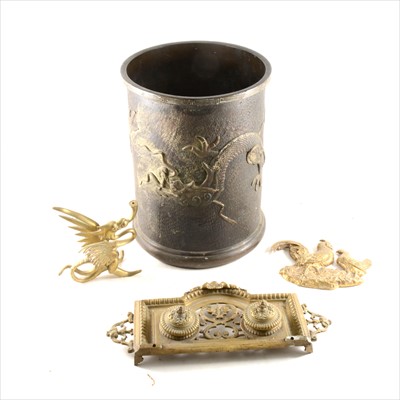 Lot 149 - A Japanese bronzed metal cylindrical log bin, a quantity of brass and metal locks, and other metalware.