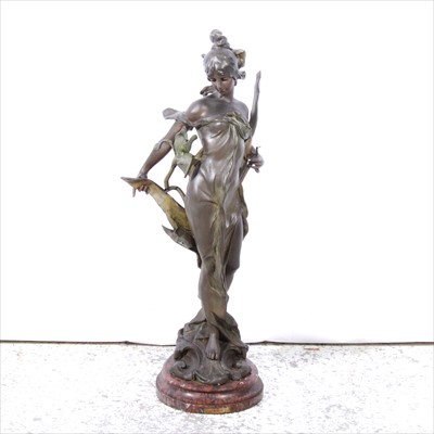 Lot 170 - A patinated spelter Art Nouveau figural lamp base, 'L'iris Brise' after Anton Nelson