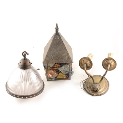 Lot 177 - A gilt gesso scallop-shaped bracket light, metal hall lantern, etc