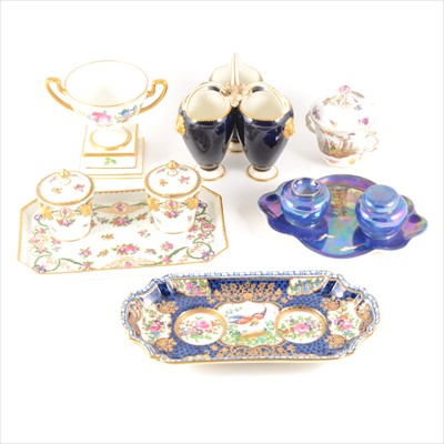 Lot 68 - A Royal Worcester triple-cluster vase, porcelain desk stands, and other vessels.