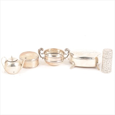Lot 239 - An Edwardian silver ring box, miniature teapot 'salt', scent bottle case, etc.