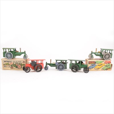 Lot 411 - Tri-ang Minic toys; five steam road rollers, two with original boxes, four with green bodies, one with red.