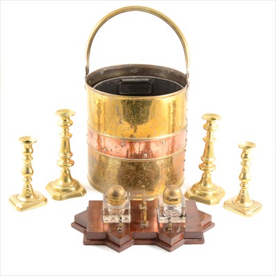 Lot 133 - A quantity of decorative brass and copper ware including a warming pan, powder flasks.