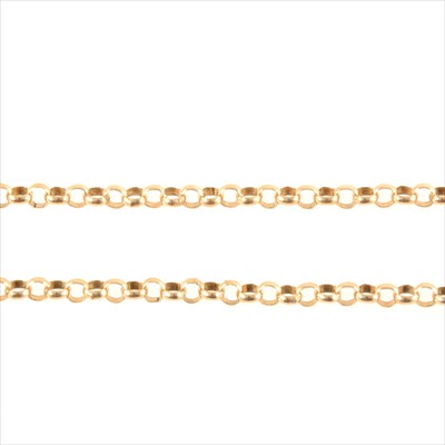 Lot 222 - A 9 carat yellow gold 4mm gauge circular belcher link chain necklace.