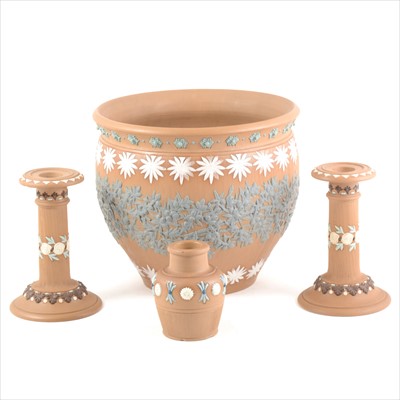 Lot 38 - Large Doulton Silicon Ware jardinière, pair of candlesticks and small vase.