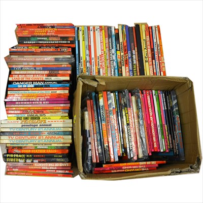 Lot 465 - Film and TV related annuals; four boxes including, The Daleks World, Dr Who, UFO, Fireball XL5, Thunderbirds, The Professionals, etc.
