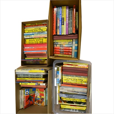 Lot 469 - Cowboy and Wildwest books, novels, comics and annuals; four boxes including Lone Ranger, John Wayne, Buffalo Bill and other.