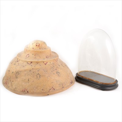 Lot 143A - A glass dome on ebonised stand, and moulded and painted hide light shade