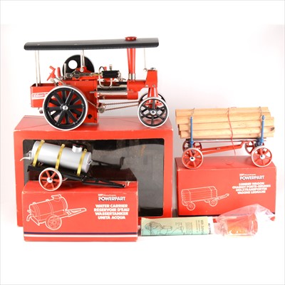Lot 26 - Wilesco Germany live steam Massey Ferguson traction engine, with Lumber wagon and Water Carrier, all boxed.