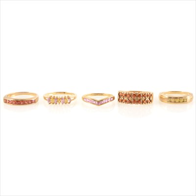 Lot 205 - Five gemset half hoop dress rings, to include sapphire and garnet.