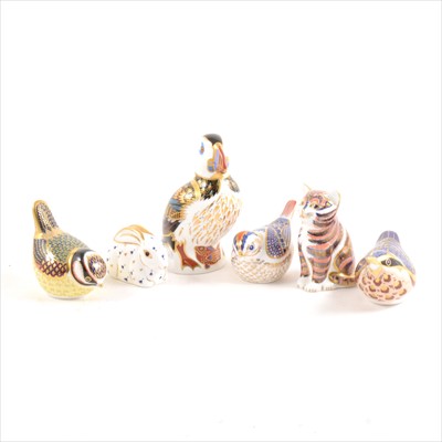 Lot 3 - Six Royal Crown Derby paperweights, including Puffin, Seated Cat, etc