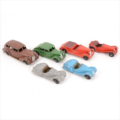 Lot 111 - Dinky Toys; six including 38A Frazer Nash (x2), 38B Sunbeam Talbot, 38F Jaguar, 40A Rileuy, 39A Packhard.