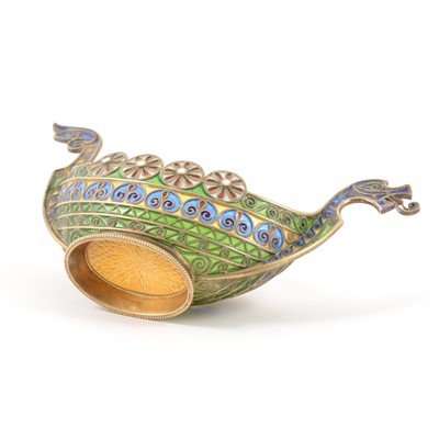 Lot 257 - A Norwegian silver gilt  plique a jour salt in the form of a Viking long boat