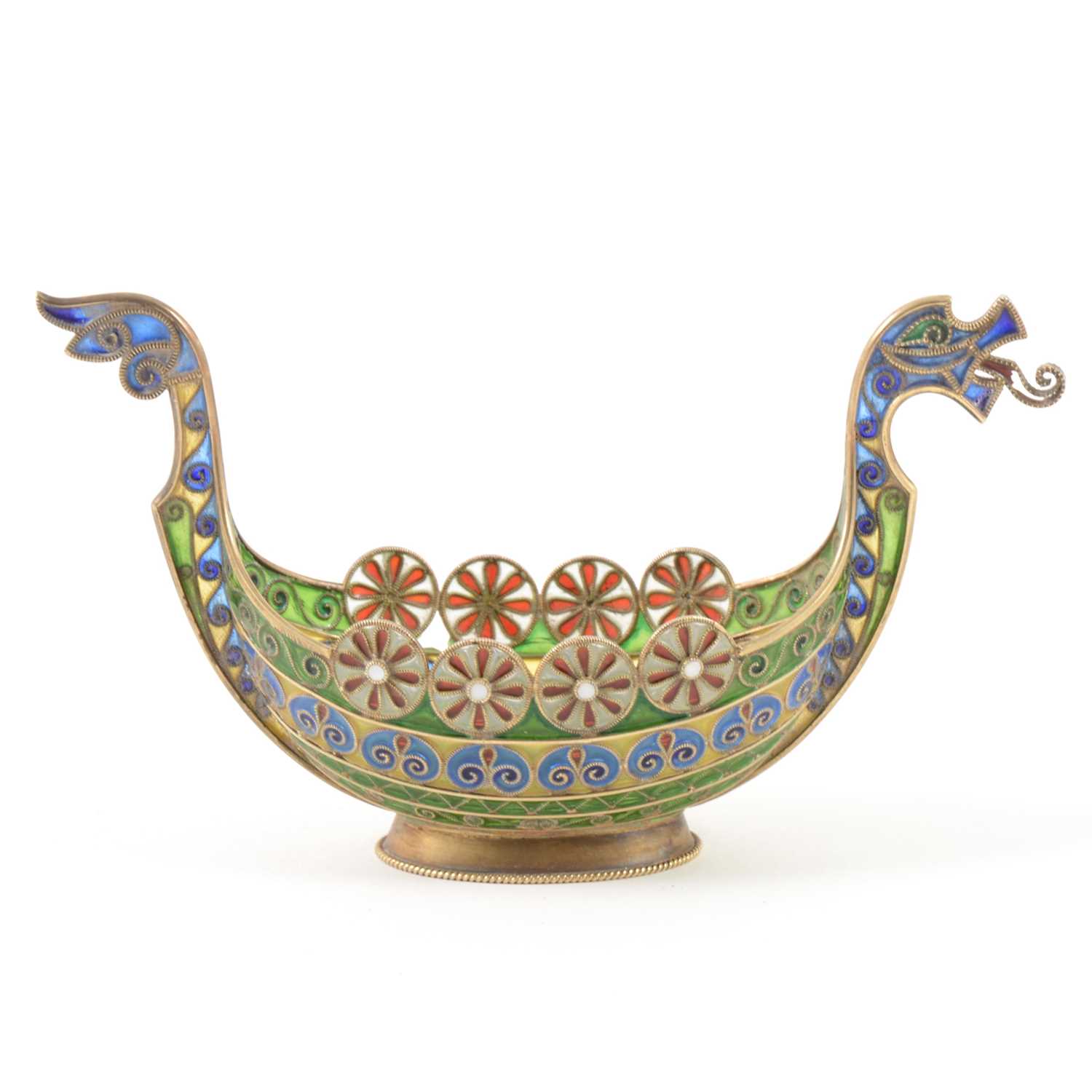 Lot 257 - A Norwegian silver gilt  plique a jour salt in the form of a Viking long boat