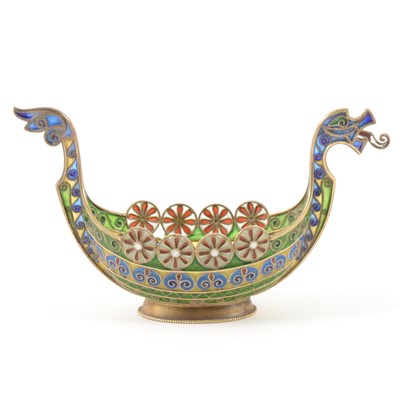 Lot 257 - A Norwegian silver gilt  plique a jour salt in the form of a Viking long boat