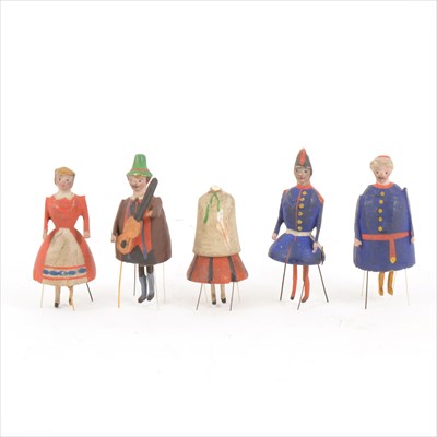 Lot 367 - Five mid 19th century small wooden carved piano top figures, with suspended legs