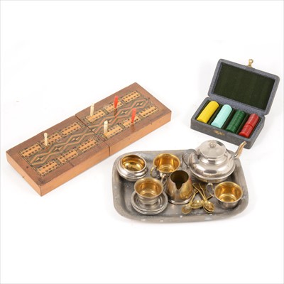 Lot 376 - Small cribbage board with inlay and three pins, vintage 'Tiddly Winks' set, and a child's silver plate tea set and tray.