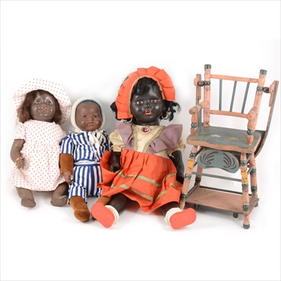 Lot 405 - Armand Marseille German bisque head black baby doll, three other dolls and a doll high chair.
