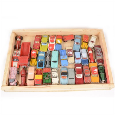 Lot 128 - Two trays of loose playworn diecast models and vehicles, Dinky, Corgi etc.