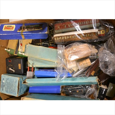 Lot 61 - Two boxes of mostly track-side accessories, for OO gauge model railways, coaches, wagons and empty box for Hornby Dublo 'Duchess of Montrose', etc