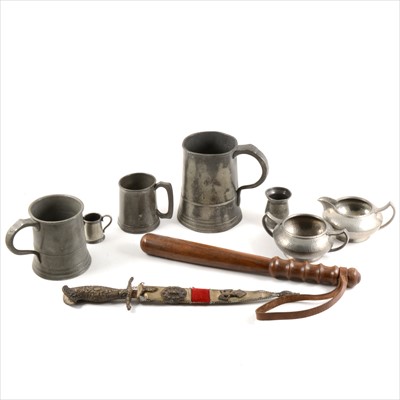 Lot 72 - Box of assorted pewter, a modern truncheon, cameras