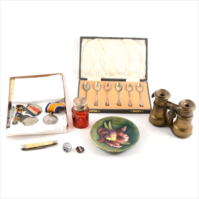 Lot 183 - A set of six silver egg spoons, Sheffield 1923, Triffid handles, service medals, etc