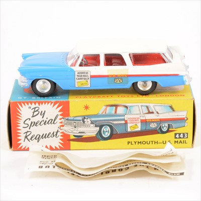 Lot 182 - Corgi Toys; no.443 Plymouth US mail, in original box with model club leaflets.
