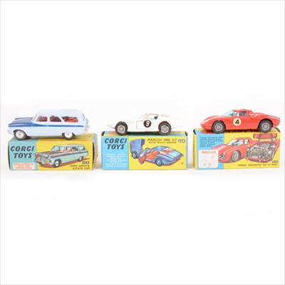 Lot 176 - Corgi Toys; three including no.424 Ford Zephyr Estate car, no.314 Ferrari 'Berlinetta' 250 Le Mans, no.324 Marcos 1800 GT with Volvo engine, all in original boxes.