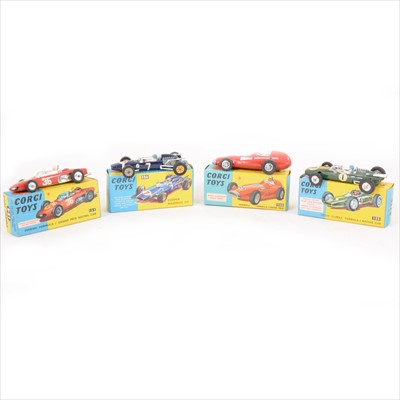 Lot 173 - Corgi Toys; four racing car models including no.154 Ferrari Formula I Grand Prix, and three others, all boxed.