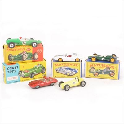 Lot 158 - Six die-cast models, including Dinky no.241 Lotus racing car, Corgi no.152A BRM Formula I Grand Prix racing car, Matchbox models etc.
