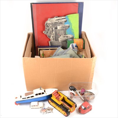 Lot 321 - Toys games, and models; one box including 1960s catalogues for Dinky, Corgi and Matchbox, boardgames, Minic ship platforms etc