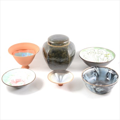 Lot 54 - Large studio pottery stoneware covered vessel, and five other contemporary ceramic bowls
