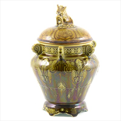 Lot 70 - A Sarreguemines majolica pot pot and cover with dragon finial