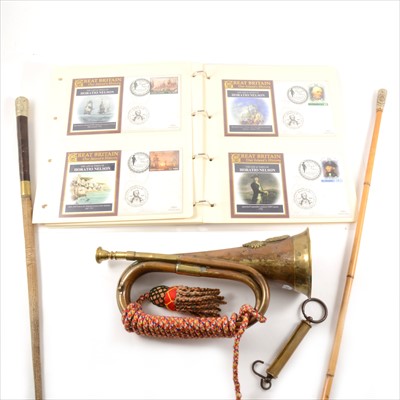 Lot 129 - A Royal Engineers swagger stick, brass bugle and a Savage Arms Corp trigger pressure gauge