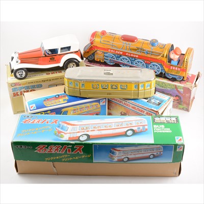 Lot 438 - Japanese tin-plate toys; seven to including two friction powered buses, IMO Camouflaged military Jeep and others.