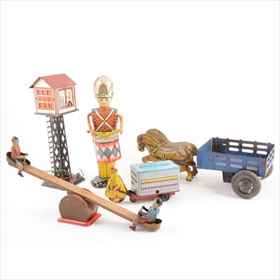 Lot 437 - Tin-plate toys; five including Louis Marx double horse drawn wagon, Marx railway signal tower, Marx drummer etc