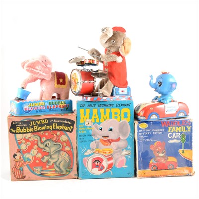 Lot 421 - Japanese tin-plate battery operated toys; three including Alps 'The Jolly Drumming Elephant Mambo' and two others.