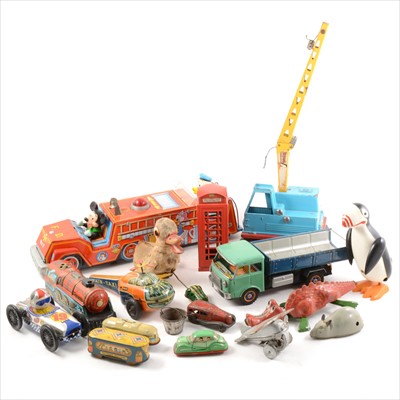 Lot 416 - Tin-plate and plastic toys; one box including Tri-ang Jabberwock and others, one box.