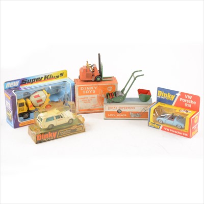 Lot 160 - Boxed die-cast models; five including Dinky no.751 Lawn Mower, no.14c Coventry Climax fork lift truck, etc