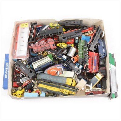 Lot 106 - N gauge model railway track-side accessories; including cars, boats, dummy locomotives, buses, people, truck etc, one tray.
