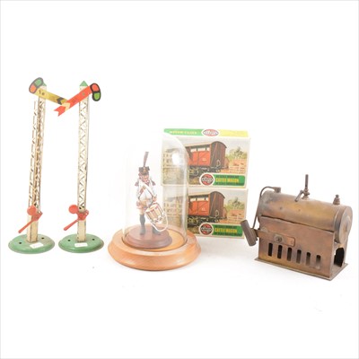 Lot 45 - Two boxes of figures, model train parts etc; including a brass steam stationary engine, 13cm