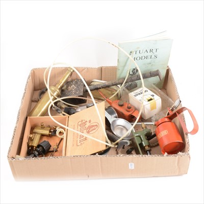 Lot 13 - Parts and tools for live steam engineering; one tray including  Stuart Turner dynamo, burners, oil cans, Moore & Wright antique brass blow torch, etc.