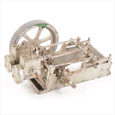 Lot 10 - A twin-cylinder mill engine; live steam model, approximately 1inch scale, with 5inch flywheel, unmounted and (a/f), 25cm length.