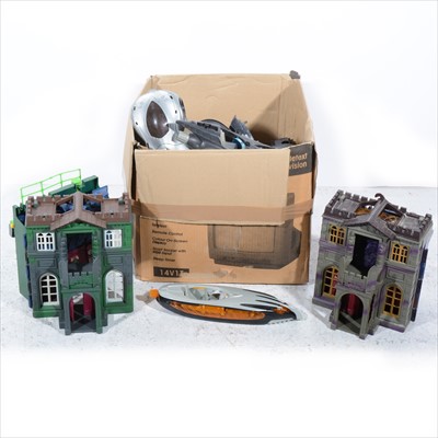 Lot 331 - Batman toys; one box of plastic vehicles, cars, buildings including Wayne Manor (x2) and figures.