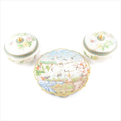 Lot 6 - A pair of cloisonné enamel lidded bowls and a decorated plate.
