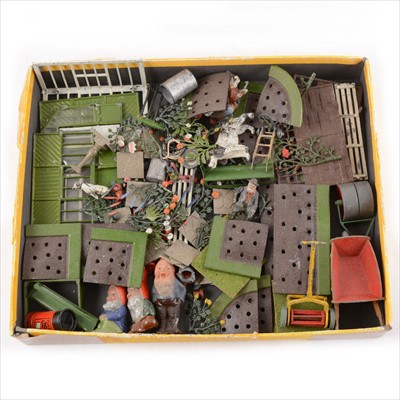 Lot 366 - Britains painted lead 'Floral Garden' series; one tray of flower beds, greenhouse parts, flowers, pavement, figures, fencing etc.