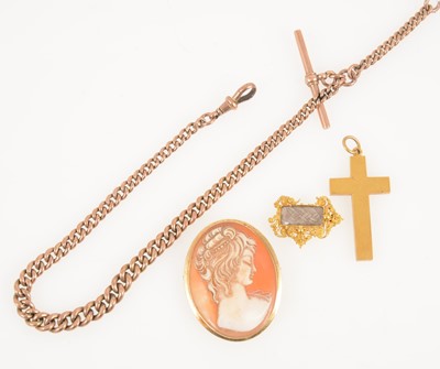 Lot 1339 - A 9 carat rose gold curb link albert watch chain and cross, cameo brooch.