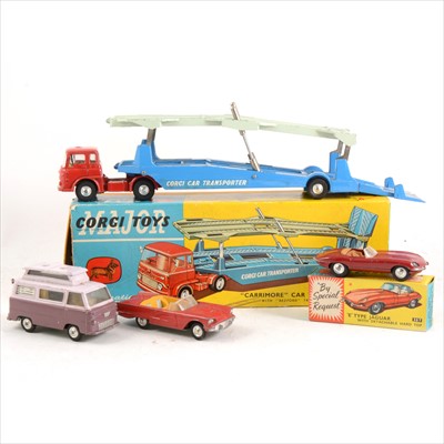 Lot 172 - Corgi Toys; four models including no.1105 Carrimore car transporter, boxed, no.307 Jaguar E Type, boxed, and two other loose models.