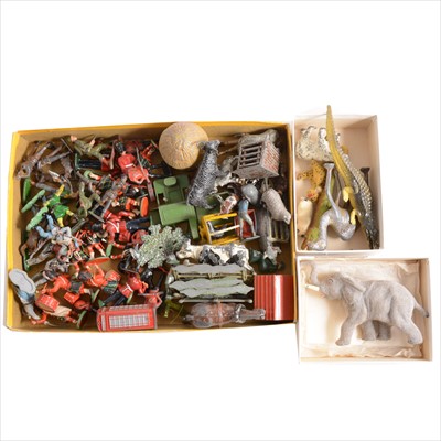 Lot 350 - Lead figures and accessories; a collection of plastic and lead figures, including Zoo animals, farm animals, by Britains etc