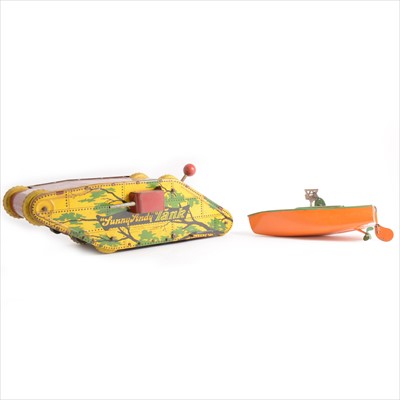 Lot 447 - Meccano Hornby tin-plate speed boat 'Martin' in orange, with Arnold key, and a Wolverine Supply & MFG & co 'Funny Andy' Tank